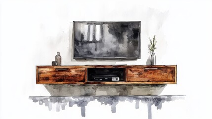 Stylish wooden TV unit with a flat-screen television and minimalist decor elements showcased in a bright living room