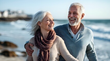 A happy senior couple smiling and walking hand in hand on the beach, with the ocean behind them