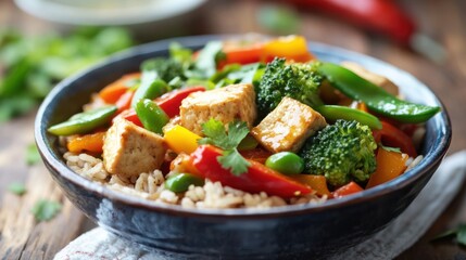 A colorful vegetable stir-fry with tofu, bell peppers, broccoli, and snap peas, served over