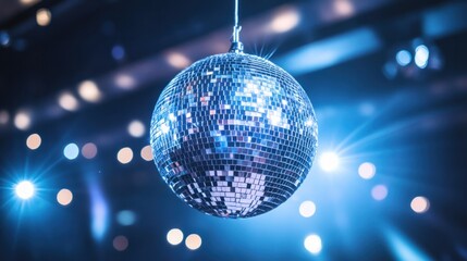 Obraz premium A silver disco ball hanging from the ceiling, casting glittering reflections across a dance floor