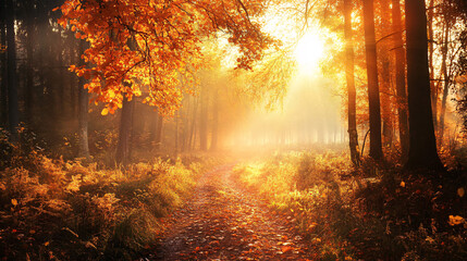 Orange fall leaves in park, autumn natural background, Autumn Landscape - Trees And Orange Foliage In Park 
