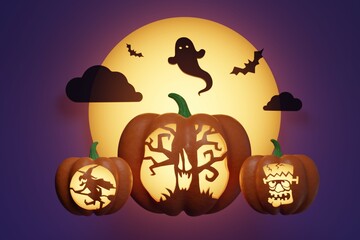 3D Halloween pumpkins, Jack-o'-lantern surrounded by bright moon with bats and ghost on purple background.
Isolated 3D pumpkin template of different shapes for autumn Halloween banner.
