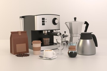 Realistic coffee machine with a cup of drink, coffee beans packaging, espresso coffee maker with coffee pots. Coffee maker sets for home. 3d render on a white background.
