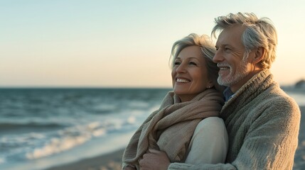 A happy senior couple smiling and walking hand in hand on the beach, with the ocean behind them