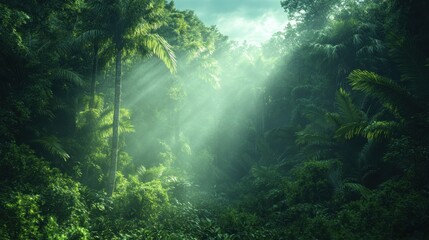 Lush green forest with sunlight filtering through the trees.