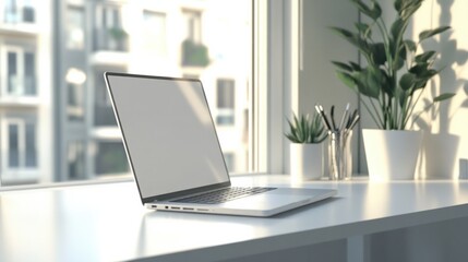 A silver laptop on a clean, white desk, with reflections of natural light from a nearby window