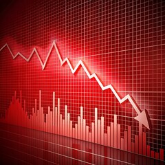 The image contains a red and white downward trending line graph with a large arrow pointing down. The graph is depicted on a red grid background. The graph line is thick and white, while the backgrou