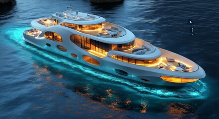 Luxurious Yacht on Blue Water, Modern Design, Night Cruise