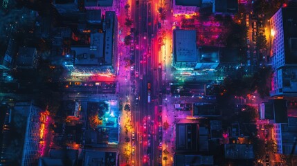 Obraz premium Heatmap of a city's nightlife, with vibrant colors showing the most popular bars and clubs, cooler tones representing quieter streets. 4K hyperrealistic photo.