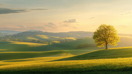 A peaceful countryside scene at sunset, with rolling hills bathed in warm golden light and a lone tree standing tall.