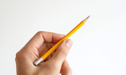 Close-up of a hand holding a pencil on a white background, representing creativity, design process, and precision in artistic or technical work.