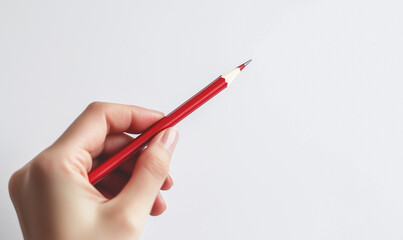 Close-up of a hand holding a pencil on a white background, representing creativity, design process, and precision in artistic or technical work.