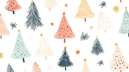 Cute Christmas Tree Doodle Pattern with Stylized Design Elements