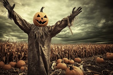 Obraz premium Halloween scarecrow in a pumpkin patch under a moody, overcast sky
