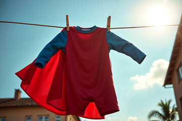 A superhero day off doing the laundry as he hangs out his red blue cape costume on the clothes line in the hot sun after washing. Concept on everyone needs a break no matter how important the job is.
