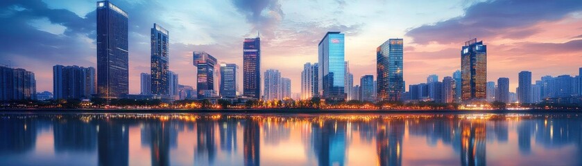 Fototapeta premium Stunning city skyline at dusk, reflecting colorful lights on calm water. A beautiful blend of modern architecture and nature.