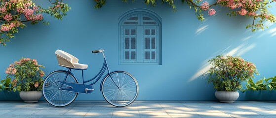 Fototapeta premium Vintage Blue Bike, Colorful Flowers, Mediterranean Courtyard