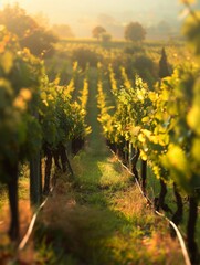 Naklejka premium Sunset over a lush vineyard showcasing rows of green grapevines stretching into the distance under soft golden light during late afternoon