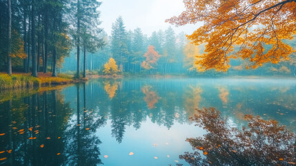 Naklejka premium A tranquil forest lake in early autumn, with leaves just beginning to change color and a soft breeze rippling the water.