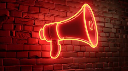 A glowing neon megaphone against a brick wall, symbolizing communication and outreach in a lively urban environment at nighttime