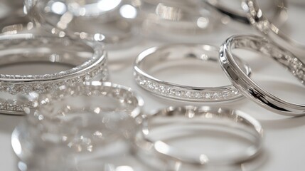 Silver earrings and bracelets arranged on a white background, emphasizing their shiny, reflective surfaces