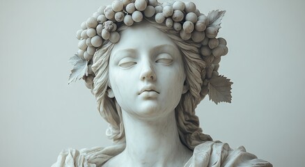 Marble Statue of Goddess Clio with Wreaths and Grape Leaves, Against a White Wall. AI generated illustration