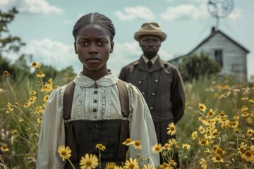 A young girl stands confidently among sunflowers in a rural field, with a man in period attire observing her from behind, evoking themes of strength and resilience in historical America