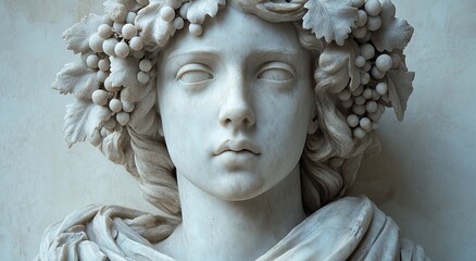 Marble Statue of Goddess Clio with Wreaths and Grape Leaves, Against a White Wall. AI generated illustration