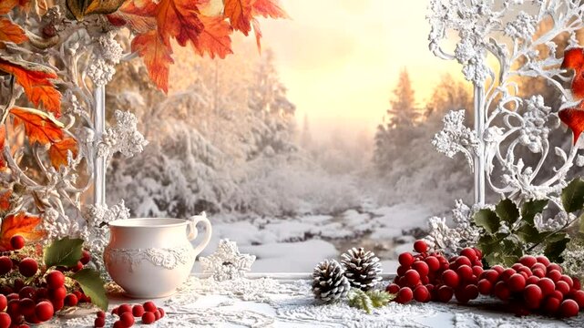 in frame: rococo porcelain cup, filled with steaming coffee, autumn time, moutain with snow, beautiful fir forest, Seamless looping 4k time-lapse animation video background