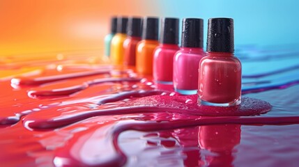 Vibrant nail polish bottles create a colorful spectrum on a glossy surface with bright gradients in the background. Generative AI