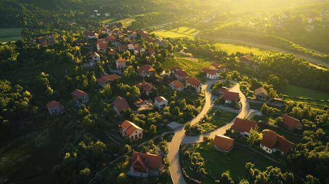 Aerial perspective of a quaint, rural village with red-roofed houses, winding roads, and surrounding farmlands glowing in the morning sun. 4K hyperrealistic photo.