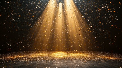 golden confetti rain on festive stage with light beam in the middle, empty room at night mockup with copy space for award ceremony, jubilee, New Year's party or product presentations