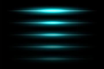 Neon light laser blue lines with flash effect. Abstract night electric beams, fluorescent led light rays. Modern futuristic vector collection isolated on black background.