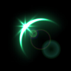 Solar eclipse overlay effect on black background vector illustration. Neon green blazing star edge behind planet in dark sky or space, sunrise in cosmos.