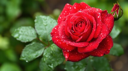 A freshly bloomed red rose with delicate dewdrops clinging to its petals.