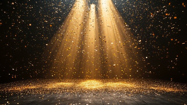 golden confetti rain on festive stage with light beam in the middle, empty room at night mockup with copy space for award ceremony, jubilee, New Year's party or product presentations