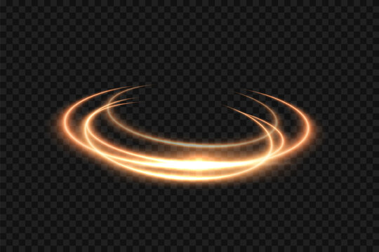 Golden light neon glow swirl background. Gold light glowing circle line of neon effect. Shiny spiral spin ring with flare and flash. Vector illustration of glitter sparkle swirl trail effect on black.