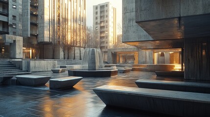 Brutalist public plaza with blocky, rough-hewn concrete benches and stark, angular fountains, surrounded by imposing buildings. 4K hyperrealistic photo.