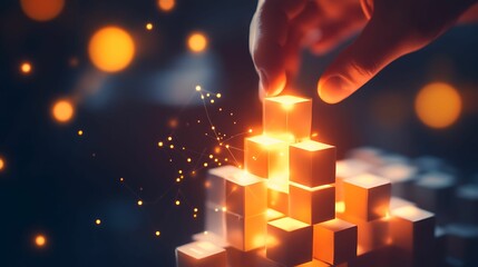 A hand arranges glowing digital cubes, symbolizing data organization, blockchain technology, innovation, and the building blocks of digital transformation.