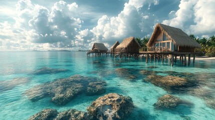 Tropical island with thatched-roof huts on stilts over the water, surrounded by turquoise lagoons and coral reefs. 4K hyperrealistic photo.