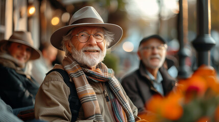Fototapeta premium Elderly men smiling and enjoying a lively conversation at a cozy outdoor café during autumn in a bustling city, with soft sunlight filtering through vibrant flower arrangements