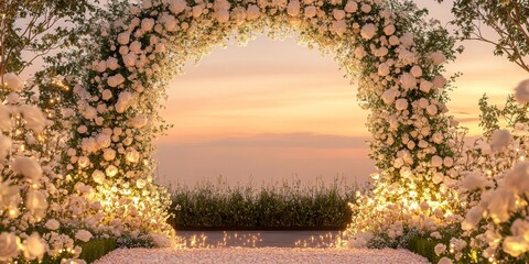 wedding arch is surrounded by an elegant garden with softly lit trees, a carpet of rose petals, and twinkling fairy lights woven throughout the flowers and foliage