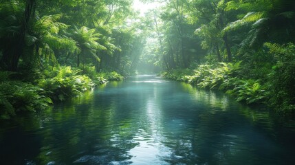 Fototapeta premium Serene river flowing through a lush, green rainforest.