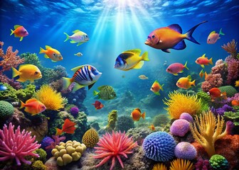 Vibrant aquatic scene featuring colorful tropical fish swimming amidst coral reefs and seaweed, set against a calming