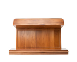 A polished wooden podium ideal for speeches, presentations, or conferences, showcasing elegant craftsmanship and design.