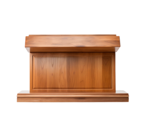 A polished wooden podium ideal for speeches, presentations, or conferences, showcasing elegant craftsmanship and design.