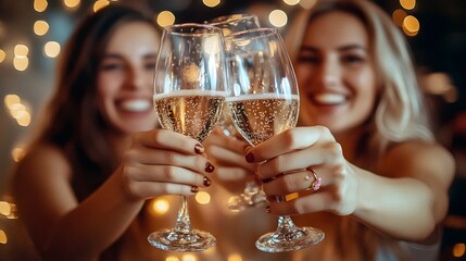 Colleagues toasting to success at a New Year office party with confetti and festive decorations.