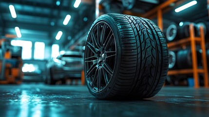 Bright car tires stacked in an auto service center, focusing on detailed tread patterns and glossy surfaces within a clean workshop environment for automotive photography.
