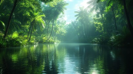 Serene jungle landscape with a tranquil river and lush vegetation.
