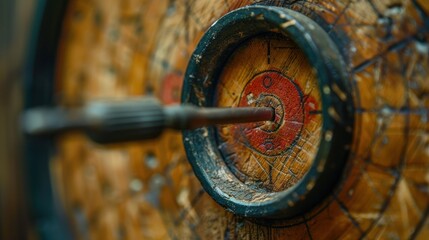 A dart strikes the bullseye on a rustic wooden target during a friendly competition at sunset. Generative AI